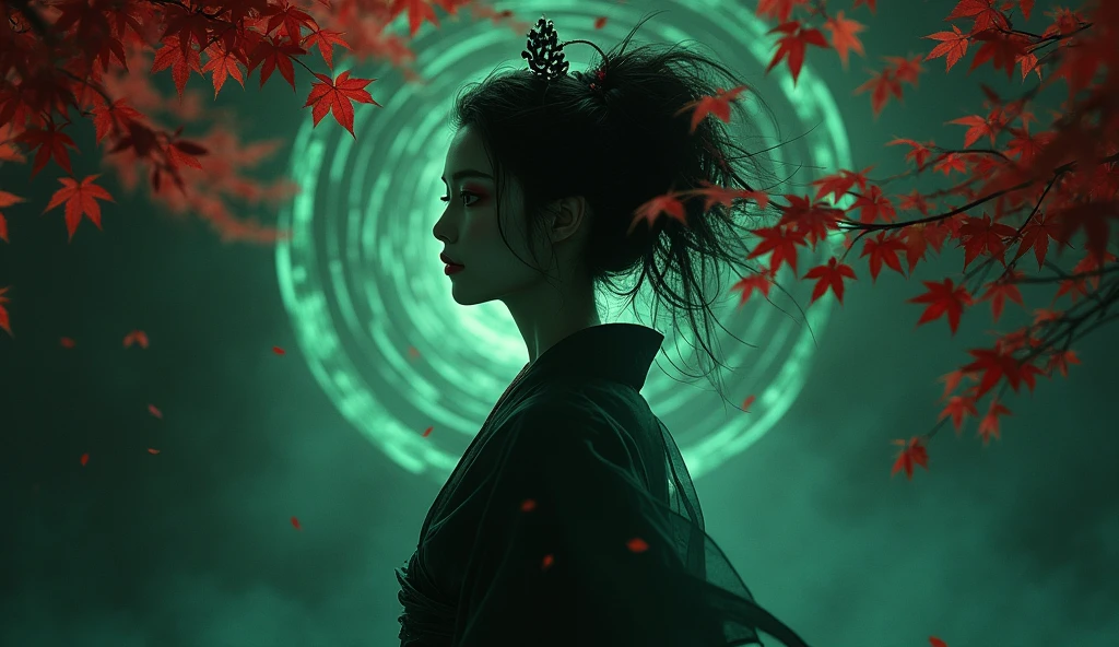 The black silhouette, dark and elegant, of Oiran emerges from the darkness of the night, with a sublime beauty of vibrant red leaves. The contrast between deep darkness and vibrant colors creates a striking visual, capturing the eyes and heart of those who contemplate it. close sexy woman with dark green energy, playing violin, Black green around her, fumaça Black green around her, tattoo on arms, playing violin, green energy around her, aura of fire gold , energia, green background pisicodeligo, green fire during the dark night,  scenario war destroyed on the epic empty background , blazing green during the night lots of heavy metal green flames, Abstract Fire Texture Black Background White line of black fire falling horizontally against a black background, preto,  dark matter , meteoros, fragments of chaos , Black flames, medieval war scenario empty face pretty face,extremely detailed,intricate details,eyes extremely detailed, high detailed eyes,16k resolution,
realistic humid skin,extremely intricate details, epic realistic ,face anatomically correct,Ultra HD,HDR,
natural skin textures, hyper realism,realistic skin texture, hyper detailed,extremely Realism,Ultra Detailed,body logically correct
