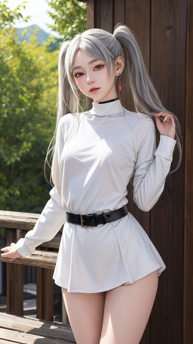 1girl, wearing t-shirt, Frieren hairstyle, silver hair, twintail, female elf, clothes detailed, overlooking, walk away to hill, back view, from back, 8k, ultra hd, ultra detailed, masterpiece.