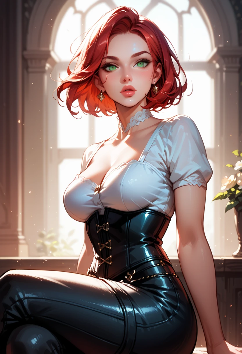 anime portrait of a Original Character, Volumetric Lighting, Best Shadows, Portrait Of Stunningly adult woman, profissional hairstylist, atletic, Delicate Beautiful Attractive Face With Alluring brow Eyes, perfect Painted Face, Sharp Eyebrows, Broadly Smiling, Open Mouth, Fangs Out, Lovely small Breasts, big earing, red lipstick, curly and messy afro red Hair, Blush Eyeshadow, Thick Eyelashes, elegant modern clothes, Slim Waist, dark Pants, With Buckle Belt, in a beauty saloon, (Highest Quality, Amazing Details:1.25), (Solo:1.3), Brilliant Colorful Paintings --auto --s2