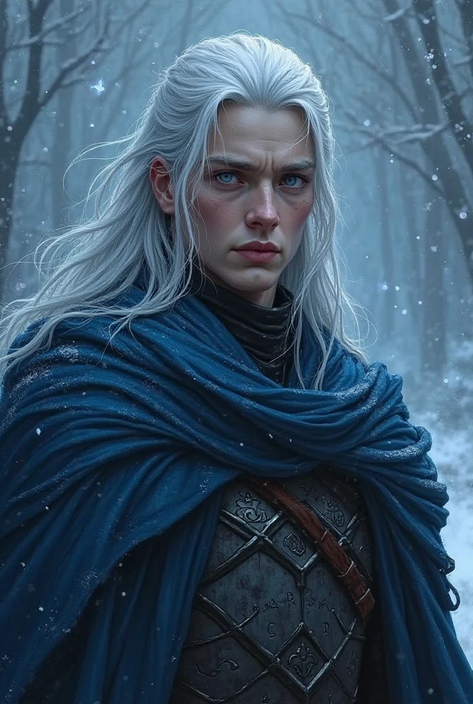 A striking, enigmatic portrait of a silver-haired warrior with a cold, ethereal presence. He has glacial blue eyes, pale skin, and an unreadable expression—calm, composed, and full of buried sorrow. His long silver hair falls loosely around his face, catching faint light. He wears dark, rune-etched armor beneath a flowing midnight blue cloak that whispers of frost and shadows. Behind him, the background swirls with mist and deep blues, evoking winter, memory, and moonlight. Painterly, realistic fantasy style with icy, moody lighting and high detail.
