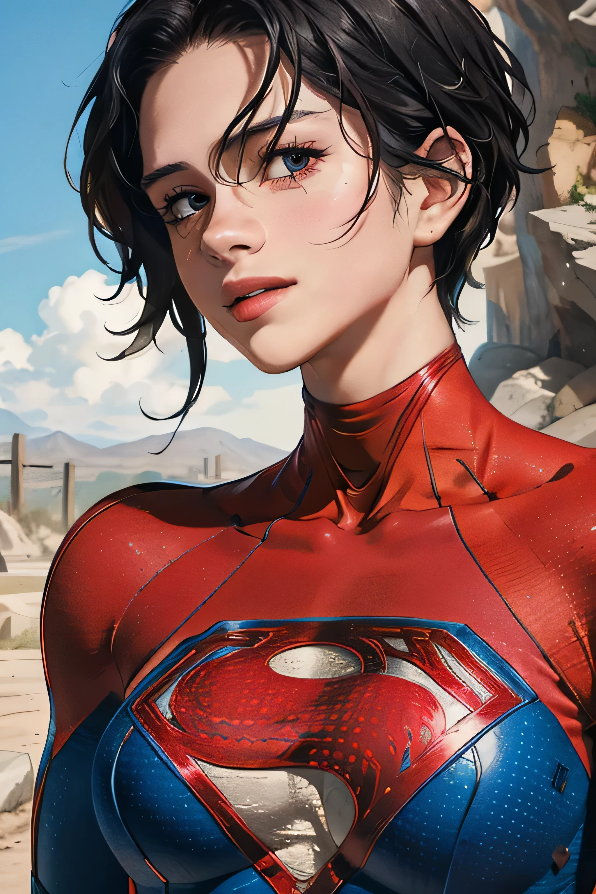 (masterpiece:1.3), (8k, realistic, RAW photo, top quality: 1.4), absurd, charm,  Ultra High Resolution , Super Real, very well detailed,  golden ratio, (realistic), (best shadows), low contrast, (complicated:1.4), side lighting, 8k, beautiful face, (realistic Face),  Beautiful Hairstyle, realistic eyes, beautiful fine details, (realistic Skin), Beautiful Skin, (one girl), ((Sasha Street )), ((Supergirl)), (accurate depiction of a hand and finger kneeling on a rock), Supergirl女性, red cloak, (black hair, handsome short:1.3), glamorous, (smile), (岩の上にひざまずく), (Bust), wilderness, Valley, blue sky, BREAK (Manga Design)