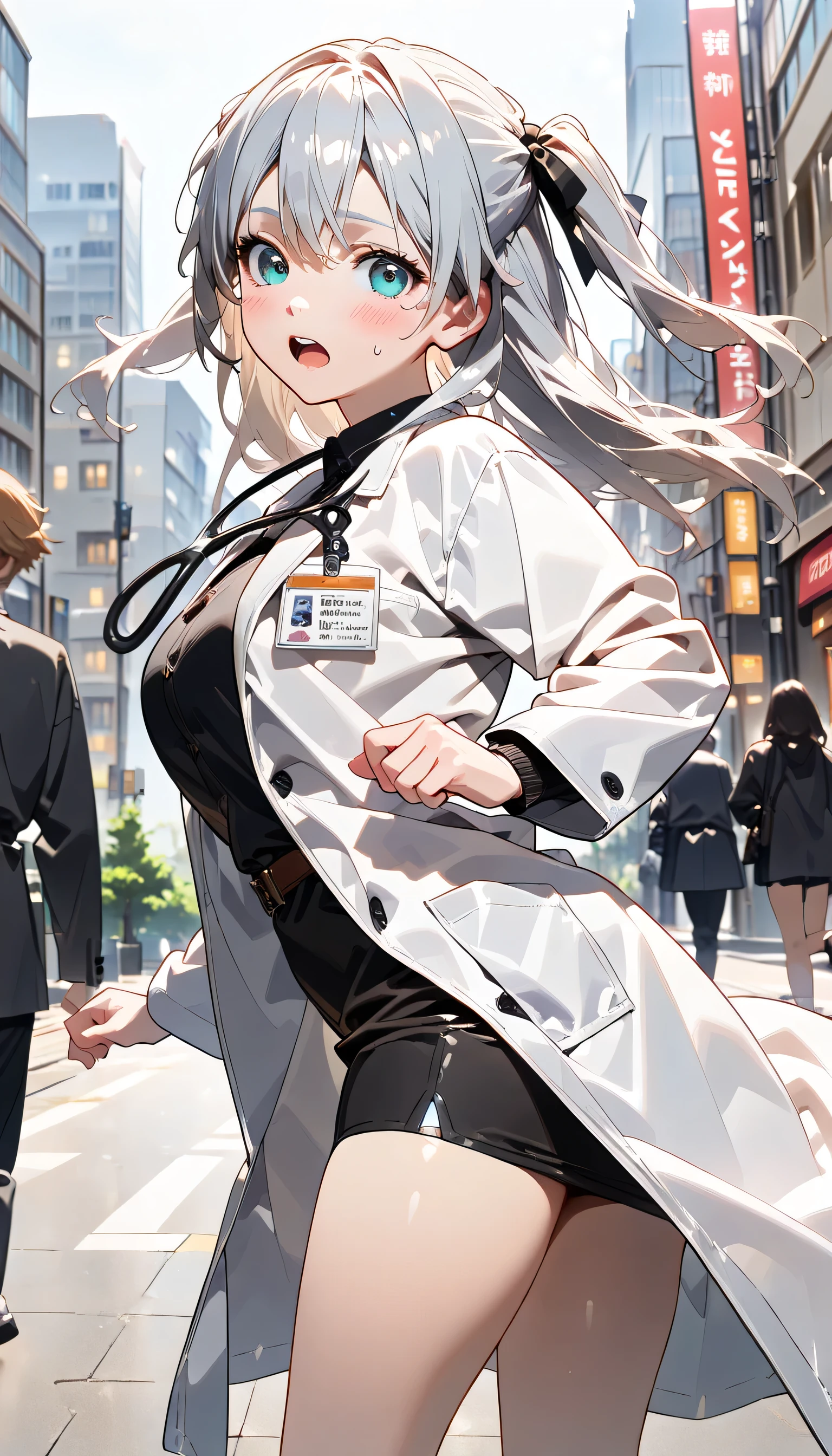 ((ultra-detailed)), (highly detailed CG illustration), (best quality:1.2), ultra-highly detailed, colorful composition, artistic photoshoot, 1girl, solo focus, ((thigh to top:1.4)), ((cowboy shot:1.4)), moe anime character, age girl, dainty facial structure, (baby face), (round face), ((rounded chin:1.2)), ((ideal ratio body proportions)), celia-default, celia claire, (blue eyes), sparkle eyes, ((silver hair color:1.4)), ((two side up:1.4)), (hair ribbon with red), ample breasts, ((lower the stethoscope around your neck)), ((doctor costume with white:1.4)), ((doctor's coat with white:1.4)), ((open clotch:1.2)), ((female doctor:1.3)), wet clothes, ((wet body)), ((panic:1.6)), ((open mouth1.4)), ((full face blush:1.4)), ((sweat:1.4)), ((running on the night city:1.4)), ((turning around:1.4)), ((from behind:1.4)), ((dynamic pose:1.2)), contrapposto pose, best quality, expecting, pink cheek, blush, light pink gloss slip, portrait, depth of field, soft lighting, sidelighting, (shine), lighting, caustics, ray tracing, perfect face, lustrous skin, highly detailed face, highly detailed eyes, perfect face, perfect nose, perfect hair, perfect eyes, perfect anatomy, beautiful hair, beautiful small face, extremely detailed face, beautiful detailed eyes, beautiful clavicle, beautiful body, beautiful huge breasts, leavage, breasts squeezed together, equalize the size of the left and right breasts, beautiful thin thighs, beautiful legs, beautiful fingers, ((4 fingers)), 1 thumb, lovely, (very detailed background:1.0), (highly detailed background:1.0), rainy aesthetic, intricate details, rainy atmosphere, night colors palette, chromatic aberration