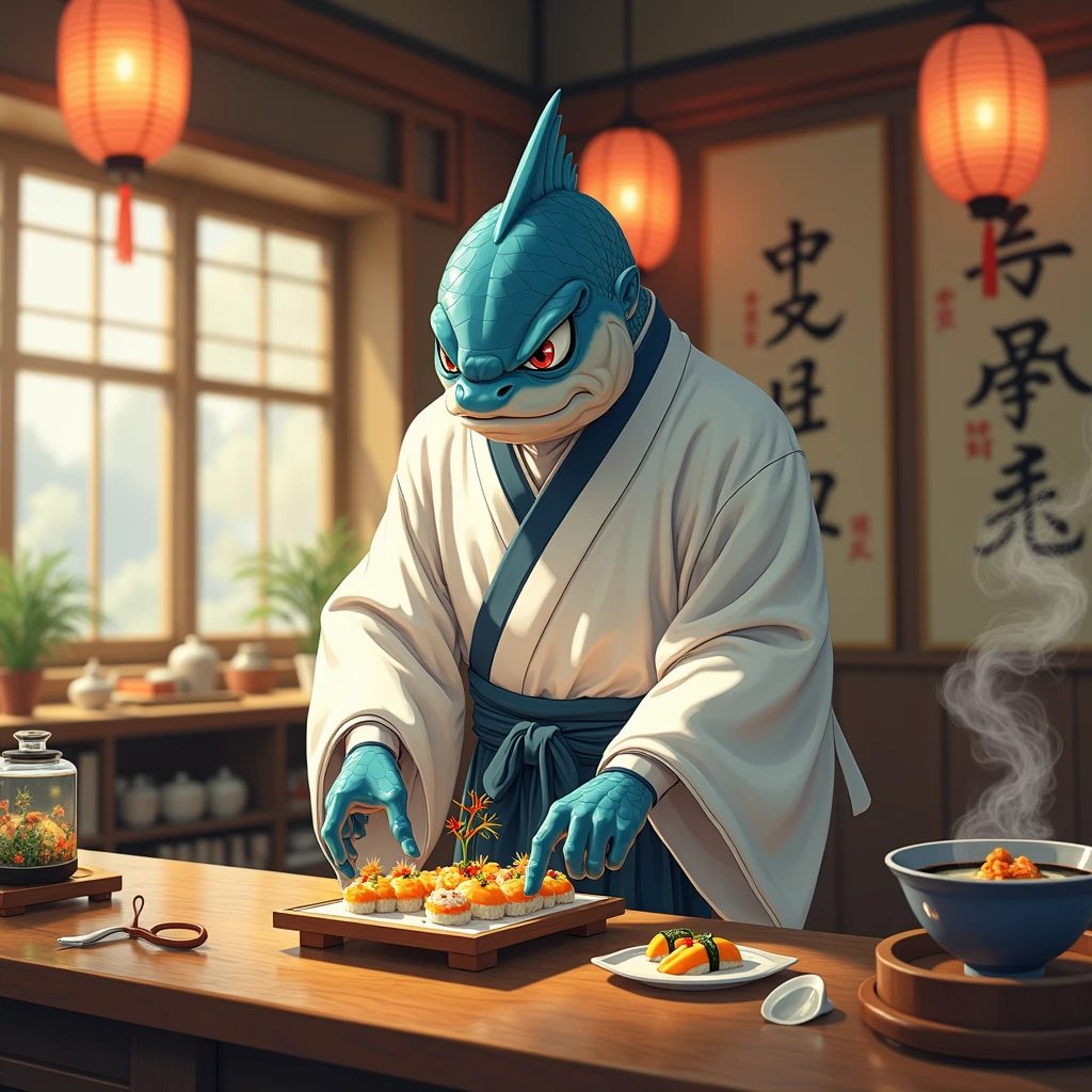 A highly detailed digital illustration of a refined Japanese humanoid fish man , standing upright in traditional chef robes (white with blue trim), sporting a tiny katana as sashimi knife tucked in his obi. He’s mid-motion, delicately plating nigiri sushi made of tofu, mango, and seaweed — not fish, his eyes squinting in pride and passive-aggressive morality. The sushi bar is a cozy, bamboo-lined corner with paper lanterns, tiny koi swimming in a countertop aquarium. Behind him, scrolls with “和” and “誠” hang on the wall. Warm ambient lighting, glints off lacquered wood, soft smoke trails from miso soup. Drawn with: cinematic anime style, Studio Ghibli x Makoto Shinkai aesthetic, textured brush strokes, soft golden hour backlight, dramatic shallow depth of field, full shot at slight low angle, captured in a serene yet ironic tone.