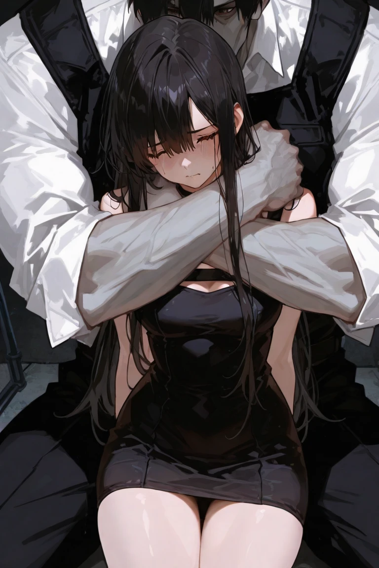 yukinoshita yukino, (long hair, black hair:1.6), grey eyes, anatomically correct, heavy breathing, huge breasts, breast press, chain, 1girl, necktie, solo, shirt, pants, collared_shirt, black_pants, looking_at_viewer, chained, white_shirt, breasts, black_neckwear, black_footwear, long_sleeves, office_lady, "a woman in a white shirt and tie sitting on the ground, inspired by Munakata Shikō, trending on pixiv, shin hanga, wearing a chain, mobile wallpaper, full body", (shaded face:1.2), hollow eyes, grey eyes, looking at viewer, heavy breathing, smirk, upper teeth, lipstick, open mouth, seductive smile,