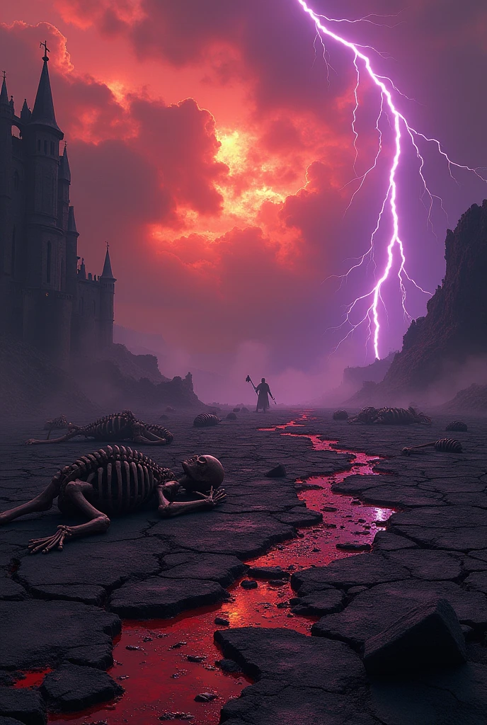 Ground: Cracked, blood-soaked black earth. Giant skeletons from past battles lie on it.

Sky: Red clouds are torn, purple lightning strikes through them. The sky is fixed – as if it is not breathing.

Background: Huge castle ruins lying on their side. Lava is still seeping from them.

Effect: Wind howls through the air like a scream and a storm carries the ashes of a flame-burned banner.

Extra: Dark fog and burnt battle flags rise from cracks in the ground.