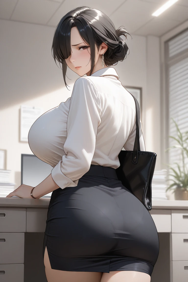 ((((masterpiece, best quality, high resolution)))), very detailed 8K, Beautiful girl with a slender body, (Ultra HD, very detailed, very detailed, 매우 현실적am, surreal, realistic photo), (1 woman:1.5), (Realistic black hair), (short wavy hair), bob cuts, Towards the camera, (Beautiful detailed face, beautiful and delicate eyes), wide hips, (big bust),(cowboy_firing:1.3),  (perfect body:1.3),seductive pose, (milf:1.2) , (Hard) , ((office_background)), (office_White_shirt:1.3) , (Black color_short_skirt:1.3), (office_Look at), (only_possession:1.3) , (Black color_pantyhose:1.3) , (behind, back, ~am), (lean forward, blush, shamful face : 1.4)