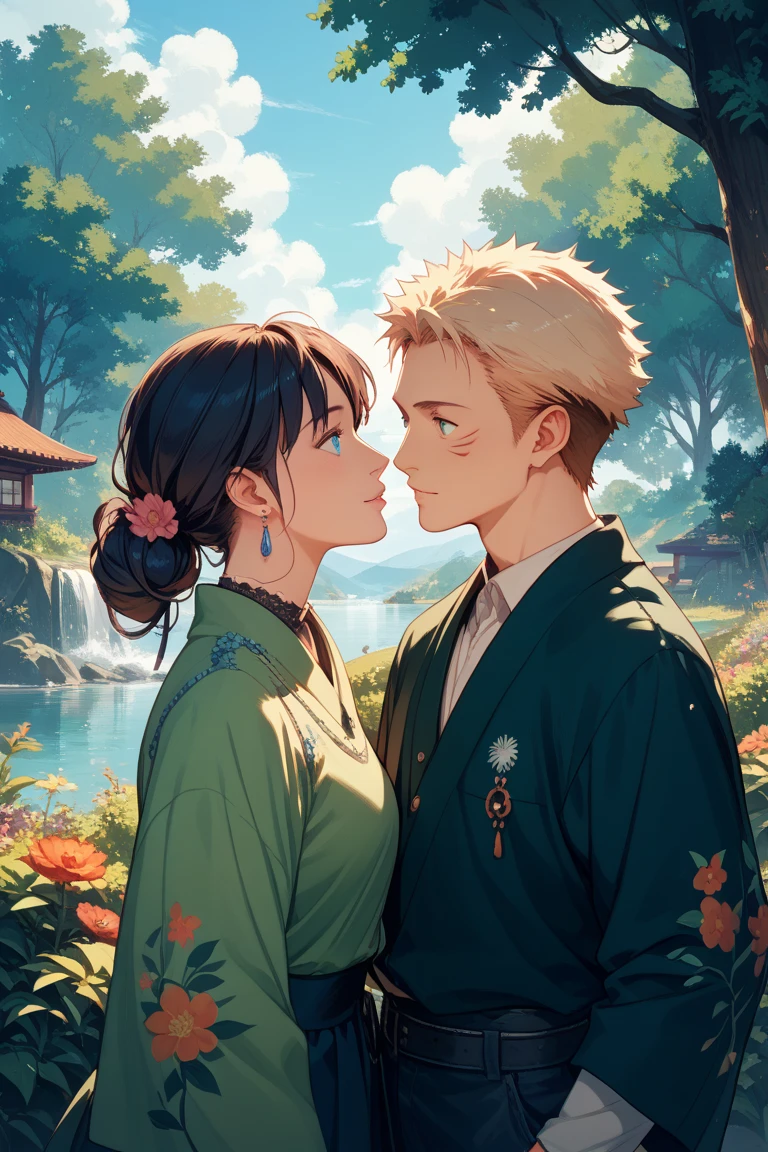 Ghibli style male and female couple in their 20s modern two people staring at each other