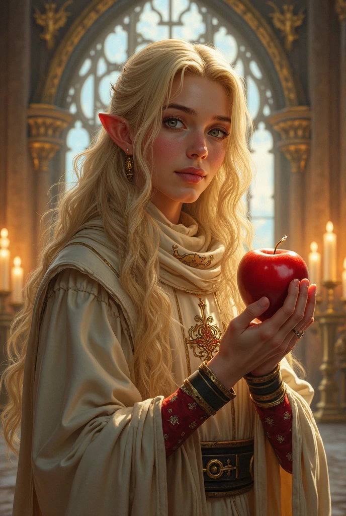 "A serene looking cleric half-elf, with long blond hair and fair skin. He wears clergyman robes and light armor, brandishing a holy apple with a sympathetic eye. Her eyes reflect wisdom and compassion. The background is a temple illuminated by candles with religious symbols on the walls, exuding an aura of peace and comfort."