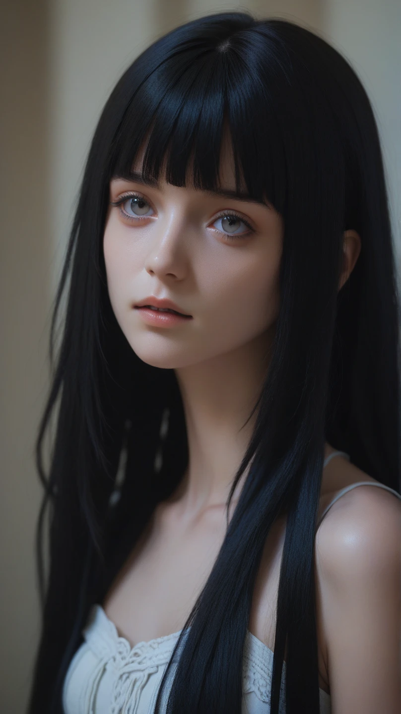 Beautiful Russian woman (almost unreal), straight black hair with bangs, model body, pale skin, red ocular iris