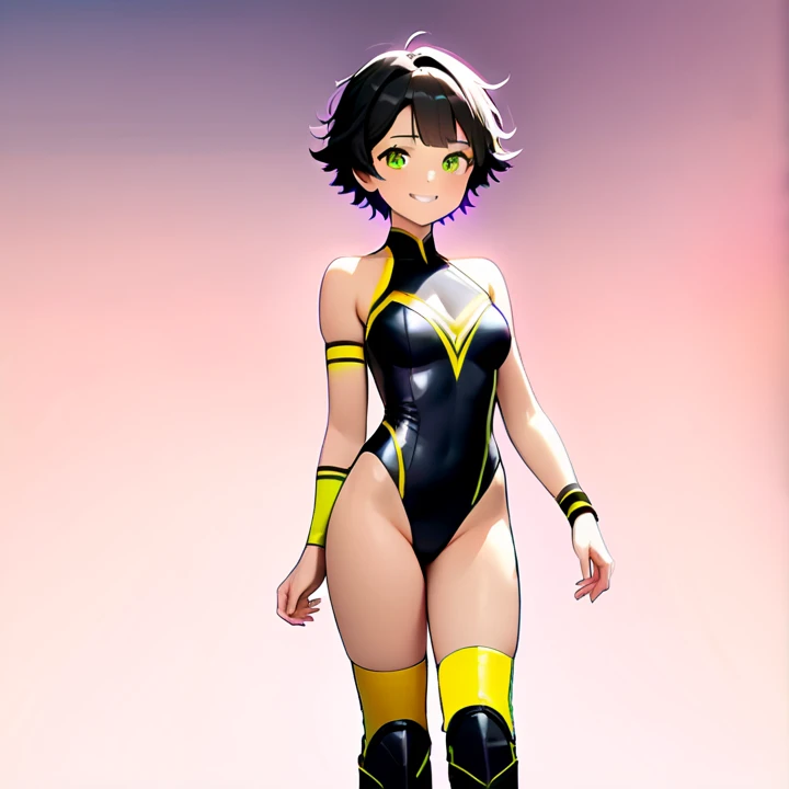 a seductive small breasted sweaty woman with neon-yellow leotard dancing on beach, dark skin, slingshot leotard, she is smiling, silver eyes, black curly hair, short curly hair, dancing, night sky, neon-yellow leotard, tanned skin, sweaty body