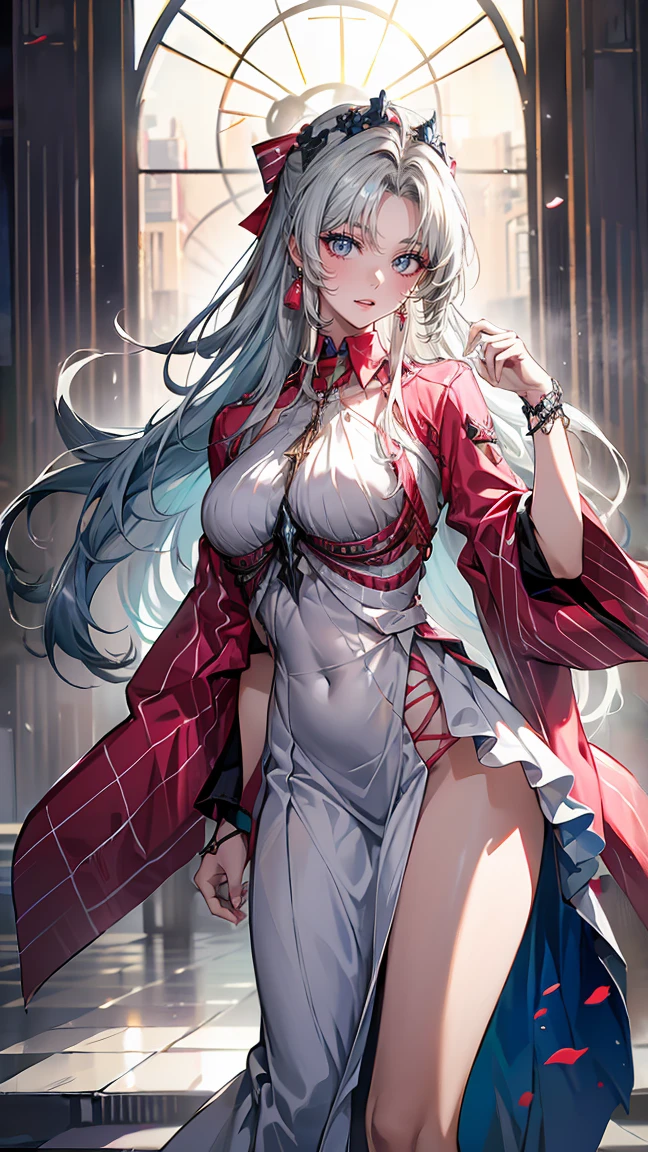 masterpiece, best quality, 1 solo girl, white hair, red eyes, medium hair, medium breasts, sexy body and face, wavy hair, smile, black socks, brown bow, knee-highs, long sleeves, open bra, open panty, parted lips, pink pleated skirt, puffy long sleeves, purple shirt, pendant, bracelet, jewelry, earrings, butterfly hair ornament, book, lying at the bed, night sky, sexy pose, cowboy shots, detailed body, face, and eyes, sharp focus, vibrant, creative, dynamic, high definition, high resolution, 8k, (Upscale: R-ESRGAN 4x+ Anime6mage enchance:4x), voluptuous body, cinema lightning, dakimakura style, looking at the viewer, hairband, pale skin