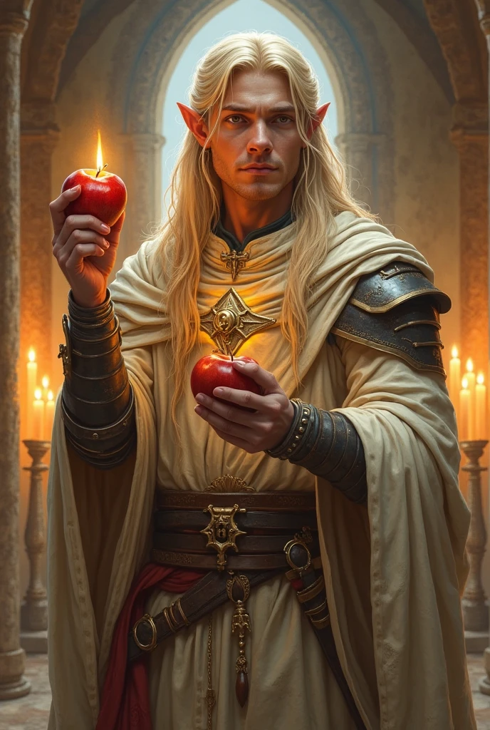 "A serene looking cleric half-elf man, with long blond hair and fair skin. He wears clergyman robes and light armor, brandishing a holy apple with a sympathetic eye. Her eyes reflect wisdom and compassion. The background is a temple illuminated by candles with religious symbols on the walls, exuding an aura of peace and comfort."