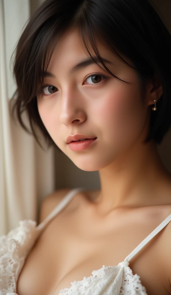 Structure of the film、to be born々New skin texture、Arm hair、Realistic skin texture (1.8), Pore details (1.7), Thin vellus hair (1.7), Micro Skin Relief (1.6), Natural skin moisturization (1.5), Skin Transparency (1.6), Soft Skin Highlights (1.7), Faint goosebumps (1.4), Scattered beneath the surface (1.7), Macroskin Details (1.8)Black sleeveless、pores、 Dark Room,Always Details,finely,High resolution, High resolution,Deep Shadow,High Contrast,(8k、to be born写真、Highest quality、masterpiece:1.2)、(Realistic,Realistic:1.8) ,whole body,Amazingly beautiful eyes,Natural Lip,(Saggy breasts:1.1)( Squint your eyes :1.1)1 girl、View your viewers、Beautifully Detailed face,,Mouth half open,、narrow,Floating Hair,Dark brown hair, short hair, Brown eyes, front, Detailed face,Japanese girl sitting in the middle of the room,Wide viewing angles, Messy room, looking at the camera, Black camisole,Arm hair、Brown Hair,View your viewers,Beautifully Detailed face, Cinematic Light,(Film Gain:1.4)|(VHS Video:1.2)(old analog film photography:1.4) Vintage Film (1.8), Analog camera (1.5), Film Grain (1.4), Light leakage (1.2), Soft Focus (1.3), Warm tones (0.2), Retro aesthetic (1.7), Lomography (1.3), Nostalgic atmosphere (1.8), Polaroid style (1.5), Faded colors (1.9), Dreamy look (1.3), Overexposure (1.1), Vignette Effect (1.8), Blurred Edges (1.4),Dusty room,Moisturized Skin、Beautifully Detailed face,