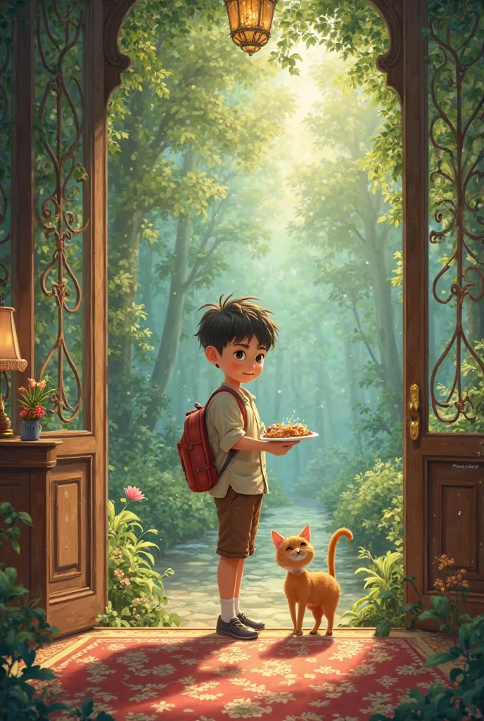 The boy and his little cat with him go to work a , the luxury is the best from the forest to the Prime Minister, then brings something to eat for the cat, but still becomes happy 