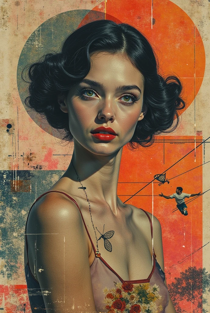 A surreal collage featuring retro fashion ads with distorted human figures, vibrant geometric patterns, and unnatural lighting effects."\
