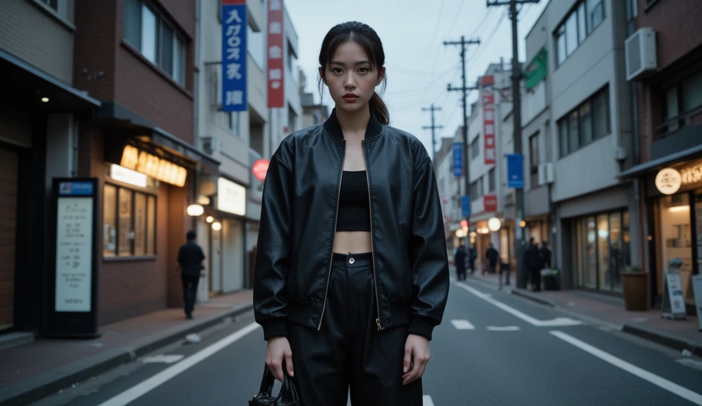 amazing girl look for the camera, wearing a pvc transparent cover, worm view, night, misty, rain, there is a person walking up a set of wide avenue in a city, streets of Tokyo, street of Tokyo, in Tokyo, city like Tokyo, walking over a tiny city, cyberpunk, artwork of a Tokyo street, man walking through city, style by Anthony Presley, Deviantart