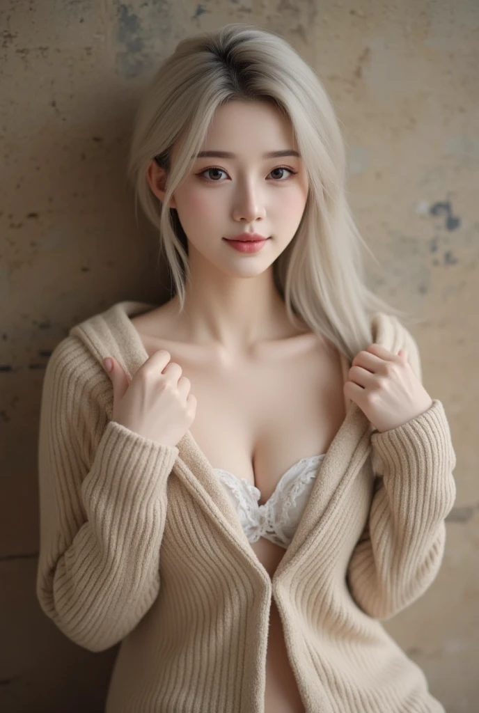 mix4、(8K、Raw photography、top-quality、masterpiece:1.2)、(nsfw:1.4),(realisitic、Photorealsitic:1.37)、1girl in、A young woman with a delicate and slender face, gentle brown eyes, semi long hair,she seems thoughtful and introverted, Demonstrates delicate expressiveness and deep insight. her appearance is elegant and sophisticated, add an artistic sensibility. she is a barista, In the library、Leaning on the bookshelf、beautiful white hair color、Transparent white hair color、sexy white knit