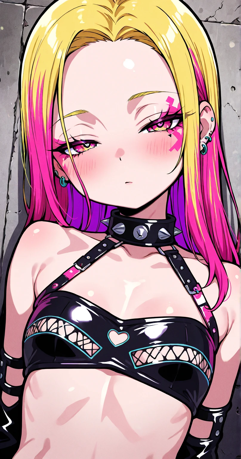 9 year old bimbo bright makeup, Bright rainbow hair, nipples piercing, tattoos, 