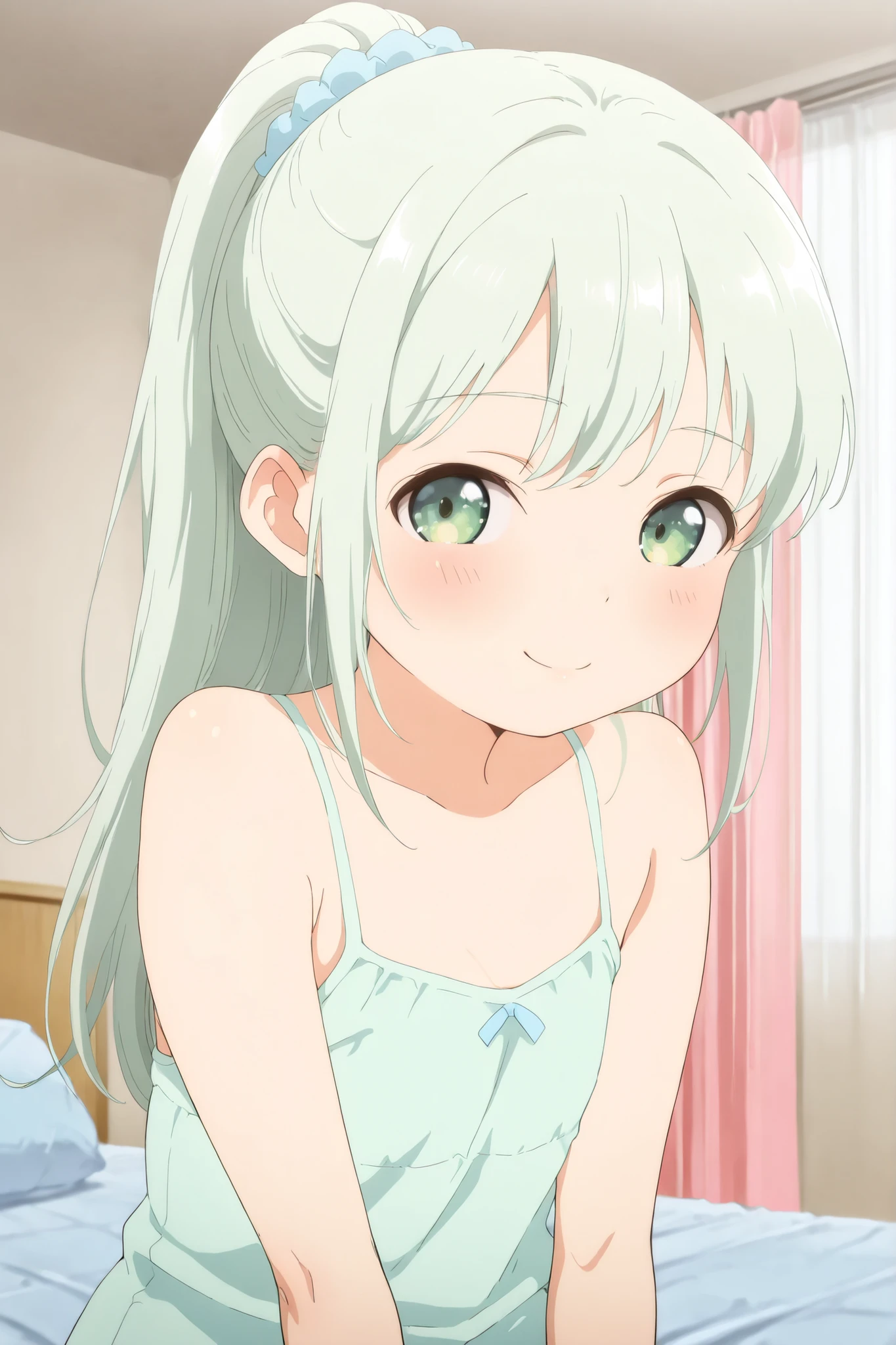 ,(close up of face:1.5),upper body shot,1 girl,solo,green eyes,longhair,ponytail,light green hair,nsfw,light green camisole,panty,embarrassed,blush,sitting on the bed,curtain room,smile,toddler body,looking at viewer