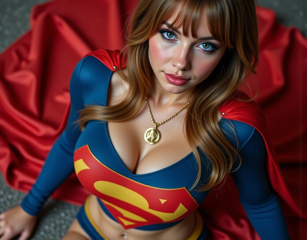 (melhor qualidade), (obra-prima), (horror), (sangrento), Supergirl, (blonde messy hair), (rosto cansado e fraco, broken lips, bleeding lips),(corpo perfeito, peitos perfeitos, coxas perfeitas), ((pele suja e sangrenta)),(Teary, sangue, hematomas no rosto e no corpo, blood flowing from head and face, injuries on body, danificado), (vestindo terno de Supergirl, roupas danificadas, rasgadas e rasgadas, barriga exposta, coxas expostas,  arms exposed), (ajoelhado fracamente), dark ilumination, foggy and smoky, 8K分辨率, high saturated, low exposure, City destroyed and on fire all around, female