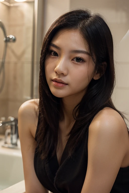 14 year old Korean beautiful , hot girl in the bathroom,Grinning