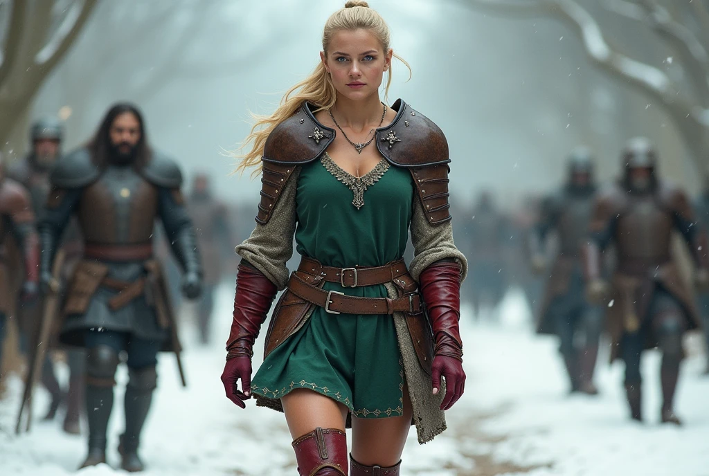Medieval fantasy, 28 year old muscular woman, tight blonde ponytail, thick black eyebrows, blue eyes, scar on cheek, wearing short green medieval dress, brown leather armour on left shoulder, red forearm armour and gloves, red medieval boots, brown leather belts, thick muscular legs, full body, Super Detailed, walking through snowy battle