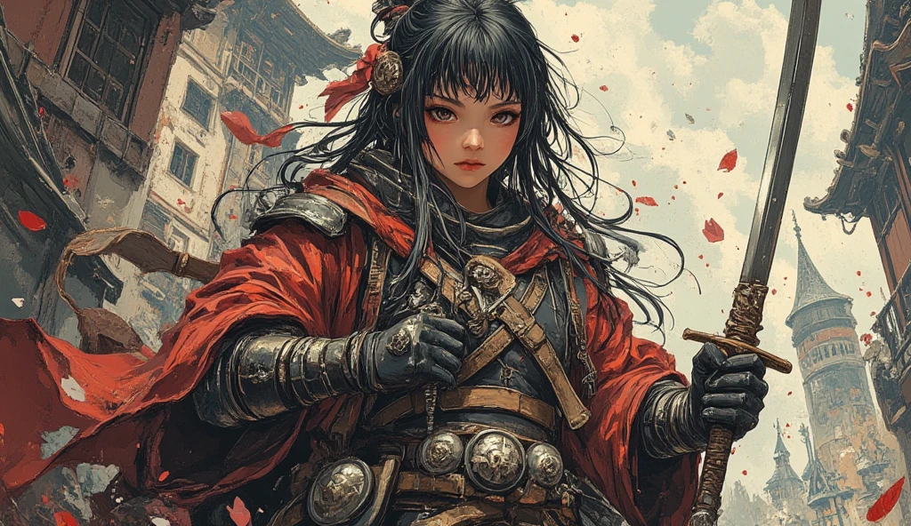 an strong rounin kenshin, serious face ,dressed in medieval armor , hold a katana sword,  In fantasy art style, masterpiece,  best quality , Super Detail, an epic, 4K, cinematic light, ultra-detailed,  8k resolution ,(high quality, 8k, 4K, high contrast, masterpiece: 1.2, 最high quality, best aesthetic),quality:(highest quality, 4K, High resolution, masterpiece:1.2), Super detailed, ( fantasy art ,oil:1.5), High quality artwork, delicate brushstrokes, medieval castle background 