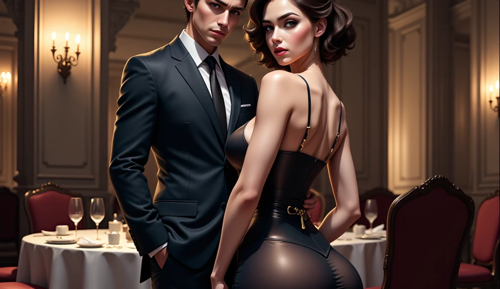 Sexy woman going away (big ass), and a dark hair man looking at her leaving because they just breakup