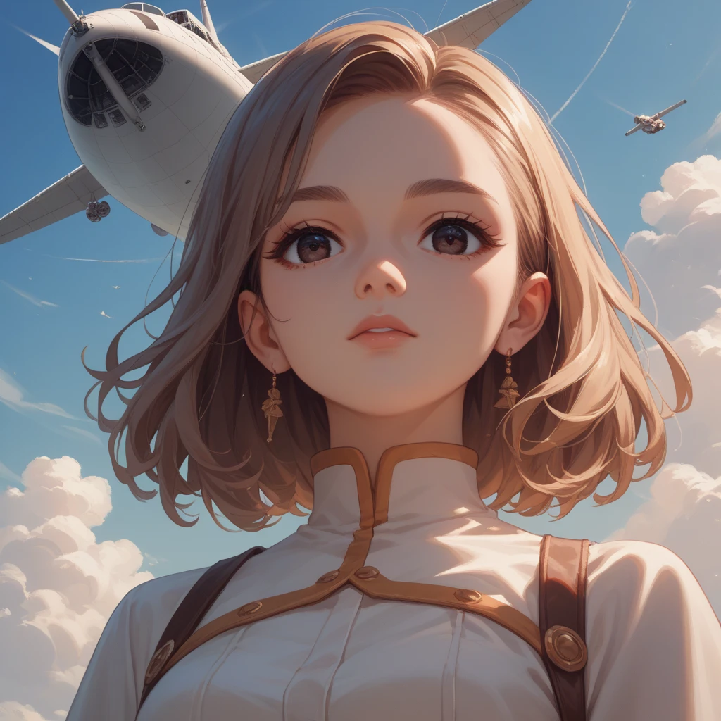 masterpiece, top quality, high resolution, anime style、Embark on an Adventure with Hopeful Eyes、solo,very beautiful face、Delicate eyelashes,Dark Eyes、An Airship in the Sky、Medium full shot