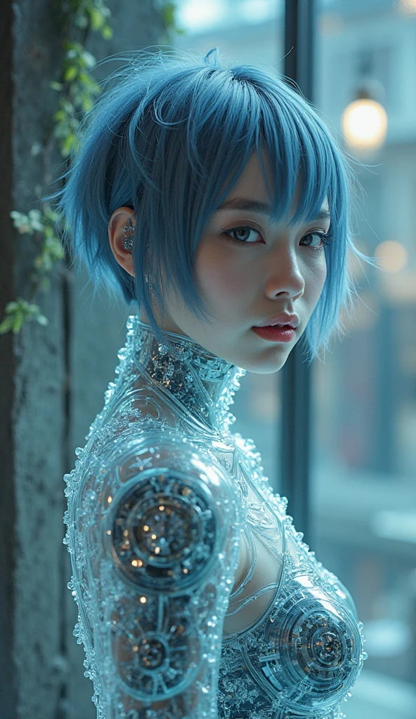 透明なGlassの胴体のアンドロイド暗殺者少女、((Glass))、Glassの内部の機械、Detailed skin、Blue-grey short-haired wolf cut、27th Century Casino 、 An Assassin of Unforgivable Fear of Failure、Queen of ?????? 、 The World of Sadomasochism 、Giving Despair 、cruel、Insidious、???????、No Escape、Blade Runner World、 Delicate Silver Carved Body 、Mandala、 Technology from an Unknown Ancient Civilization 、Semi-permanent Power Source 、 Custom made over 20 years、Works by skilled craftsmen 、Strong winds、Actual product、 volume release for one photo, 、((Ancient technology ))、(( ???? Model Poses ))、 Cyberpunk 、Blue lens flare、 Anamorphic Lens 、Wide-angle lens、????:1.2、 Cute Idol High School Girl's Face 、Innocent face、 Beautiful Face at Age 20 、 ???? Idol、Actual product、Detailed skin、 volume release for one photo, 、Film art style、Cinematic Light、 Lomography 、likeくて魅力的なアジア人女性、 Beautiful Fashion Models 、 cute japanese girls 、double eyelid、????、(Droopy eyes)、(Round face)、smile、Thin lips、元気likeいグラビアアイドル、like々 functional gravure idol 、likeくてかわいいグラビアアイドル、likeいグラビアアイドル、 beautiful Japanese woman's face 、かわいい魅惑的なsmile、 Japanese model、 beautiful asian woman 、 Cute beautiful face girl、Expressionless、 cool face 、 plump cheeks 、Big Cheeks、 Strapless Dark Red Gothic Lolita Corset Mini Dress to Highlight ????? Shape、 Metallic Dark Red Corset Mini Dress 、 immerse yourself in a dark world 、