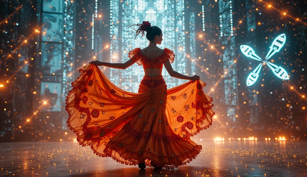A conceptual image that shows the fusion between flamenco and technology. A flamenco dancer wearing traditional dress appears surrounded by digital projections, Circuits, LED lights and holographic screens . Its silhouette is mixed with floating musical graphics. The background suggests a futuristic environment, highlighting how flamenco art adapts to the current technological world.