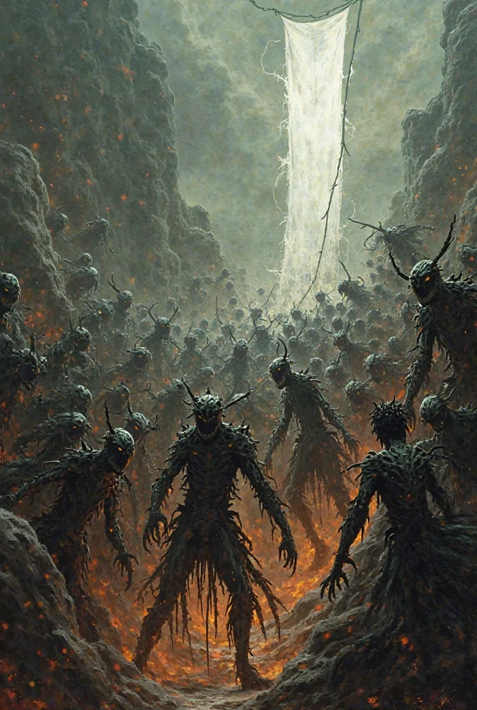 A multitude of damned wasp-spiked souls relentlessly pursue an unattainable white banner, amidst suffering. (Dante's Inferno)