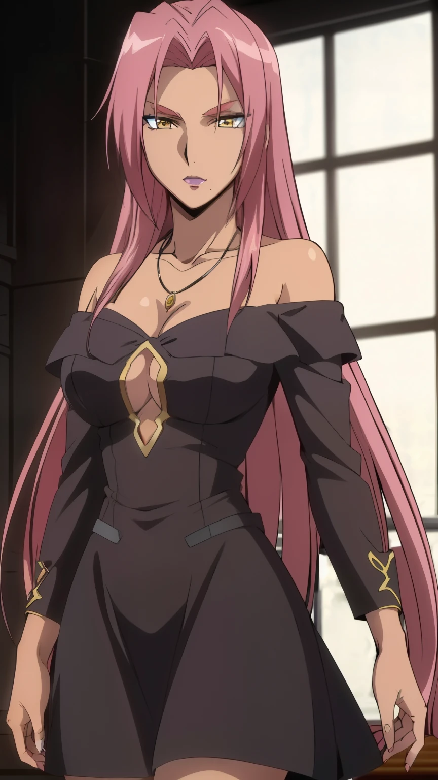 (Top quality, masterpiece, 8k:1.2), (anime coloring:1.5), (pixel-perfect, detail-perfect), very detailed, perfect hair style, beautiful eyes, perfect eyes, detailed eyes, perfect eyebrows, perfect face, detailed face, perfect hairstyle, ultra-detailed, detailed eyes, symmetrical eyes, sharp detailed, Ingrid, one girl, 20 years, adult woman, (long hair:1.3), (mature face:1.3), (yellow eyes), slim, slim body, (large breast:0.8), nffsw, (black off shoulder dress, tiered skirt, mini skirt, frills, collarbone, necklace, jewelry, concert hall), looking at the viewer, in the center of the image, (beautiful_chest:1.1), (beautiful_face:1.2), (beautiful_waist:1.2), (cowboy shot), dutch angle,