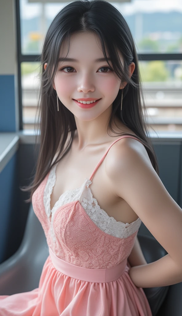 Highest quality, masterpiece, Ultra-high resolution,8k,((Toothy smile portrait:1.4)), (Realistic:1.6), ((A radiant smile)), RAW Photos,((Red formal suit)),((Soft looking breasts)),((Full body photo)),1 person,Slim 22 year old adult female,(Full of smiles, )) ,((Ponytail and hair tie)),((Ribbon in hair)),((Looking up at the audience)),Face Focus:1.4,((Photographed from above with a fisheye lens:1.15)),