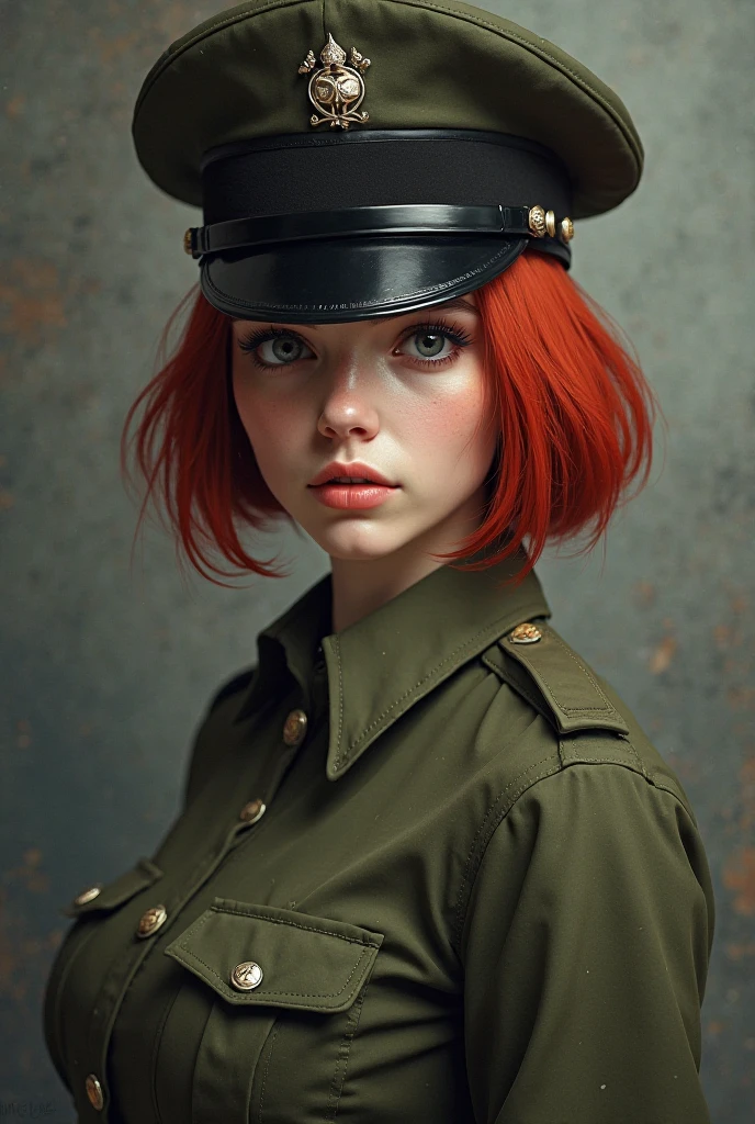 1girl , with red hair under a black tri-con cap, in a army military uniform’ with medium size ???????.
