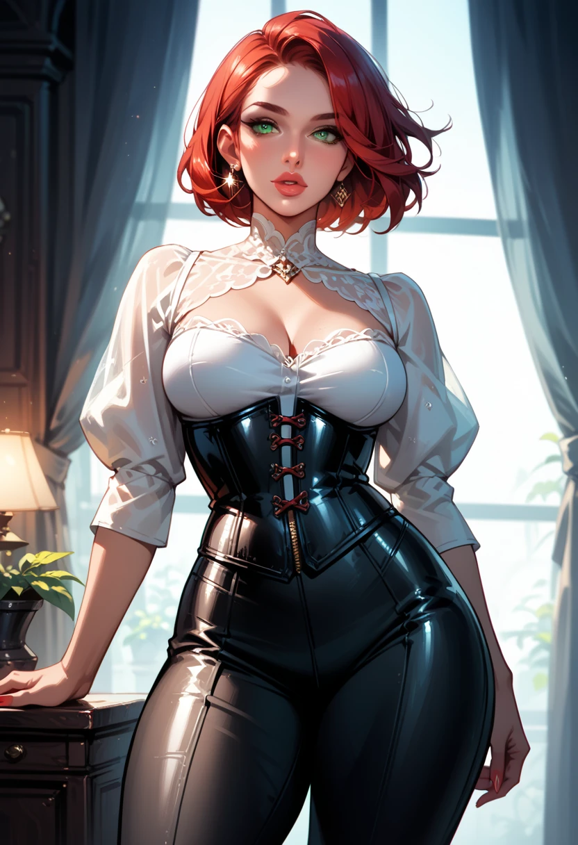 a gorgeous woman wearing a white silk shirt with a deep v neck, tiny white miniskirt, and a belt, cinched waist, dramatic lighting, photorealistic, high fashion editorial, crimson hair, vampire, corset, looking at camera, bobcut hair, undercut hair