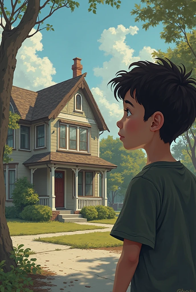 A boy looking at his opposite neighbor's house yqp