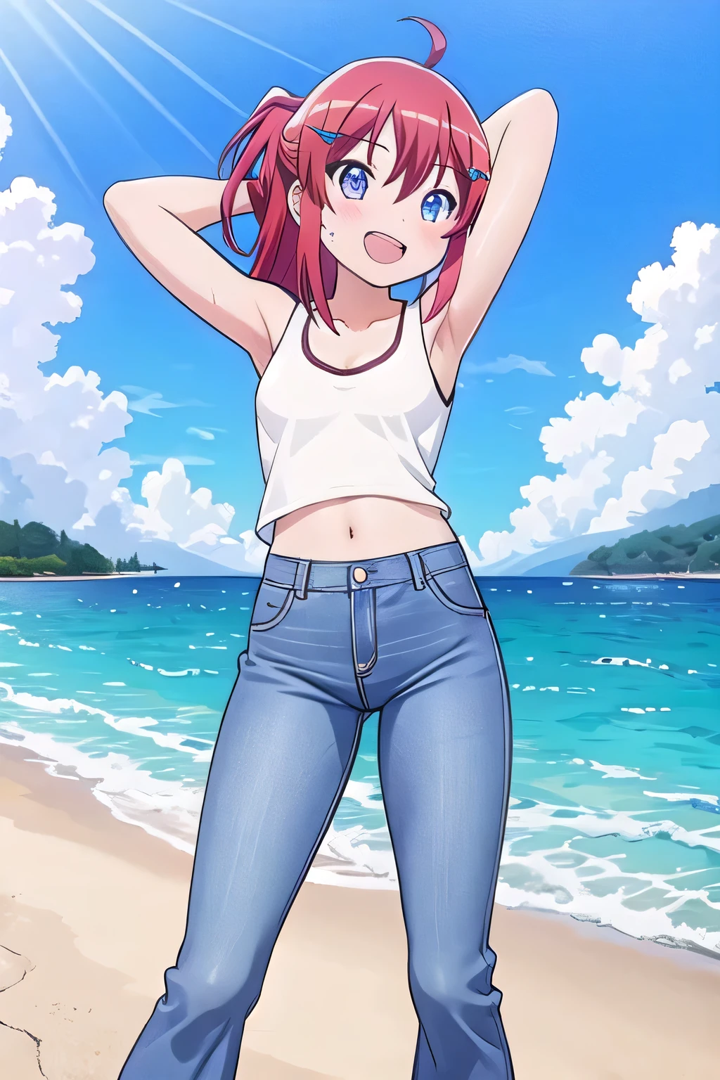 masterpiece, best quality, ultra detail, ((Perfect Face, perfect eyes, perfect hair, perfect arm)), 1girl, o, petite, ((round face, ecstasy, orgasm face, drooping eyes, shame smiling, blush)), dropping eyes, sleepy, Open mouth, ((White teeth)), background((under the beach, (day:1.2), ocean, bright sky)), koshigaya_natsumi_nonnonbiyori, (blue eyes:1.2), (red hair:1.2), ahoge, crossed bangs, hair between eyes, hair ornament, x hair ornament, (medium hair:1.9), (straight hair:1.7), ponytail, ribbon, hair_ribbon, ((arms behind head, hands behind head, fingers behind head)), ((contrapposto)), spread armpits, looking at viewer, (white tank top:1.2), (white crop top:1.2), (jeans pants:1.2, flares jeans:1.2, skinny jeans:1.2, blue jeans:1.2), standing, (legs spread:1.4), sex pose, Sweaty crotch, Steam from the crotch, from below, whole body
