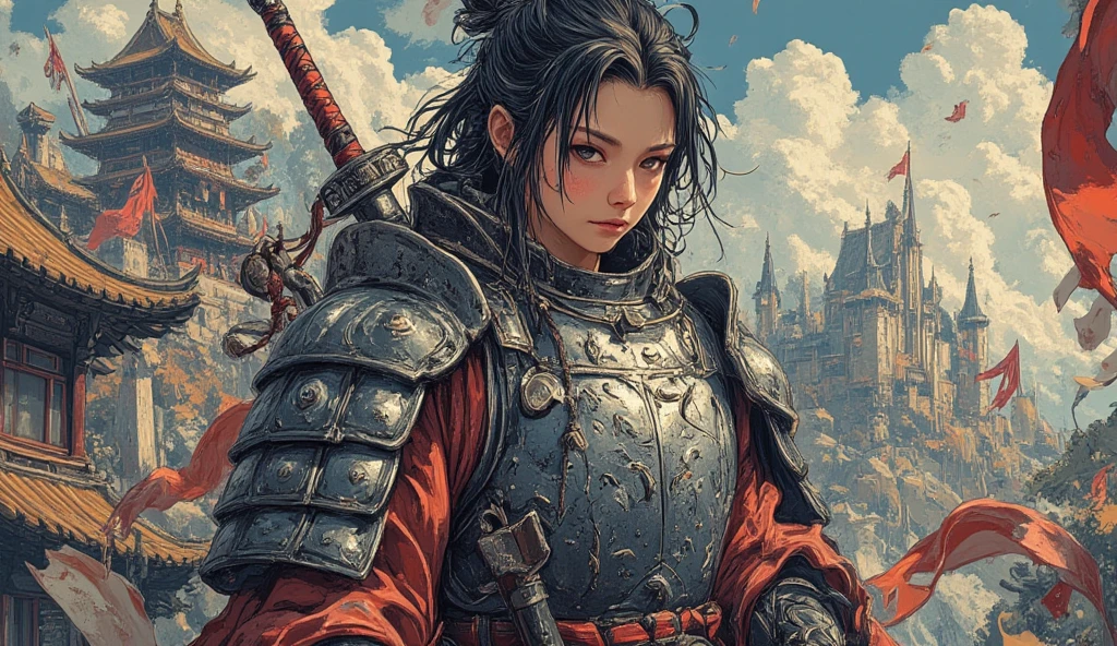 an strong male rounin kenshin, serious face ,dressed in medieval armor , hold a katana sword,  In fantasy art style, masterpiece,  best quality , Super Detail, an epic, 4K, cinematic light, ultra-detailed,  8k resolution ,(high quality, 8k, 4K, high contrast, masterpiece: 1.2, 最high quality, best aesthetic),quality:(highest quality, 4K, High resolution, masterpiece:1.2), Super detailed, ( fantasy art ,oil:1.5), High quality artwork, delicate brushstrokes, medieval castle background 