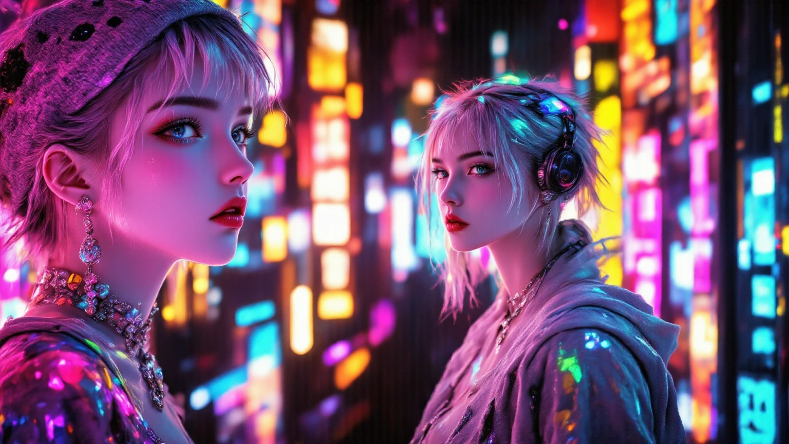 Illuminated Signboard 、Beautiful single girl,Hip-hopスタイル, danceしている, illustrations, girl, street fashion,  dance style,  dance, cute, ブレイク dance, street, High detail, dark expression, Pale face, high resolution,  flashy makeup, hard touch illustrations, Strong Outline, profile, colorful clothes, street style, knitted hat , hoodie,  pants, 8k, neon, Cool Beauty, ,薄暗い中に怪しいneonサイン、 Listening to the Rainbow, Rainbow Color , Hard illustrations, upper body, NO Backwards, thigh,around Debesonowawa {x}、street style、Illuminated Signboard 、Middle hairstyle OR short hair、woman wearing headphones。Female Solo