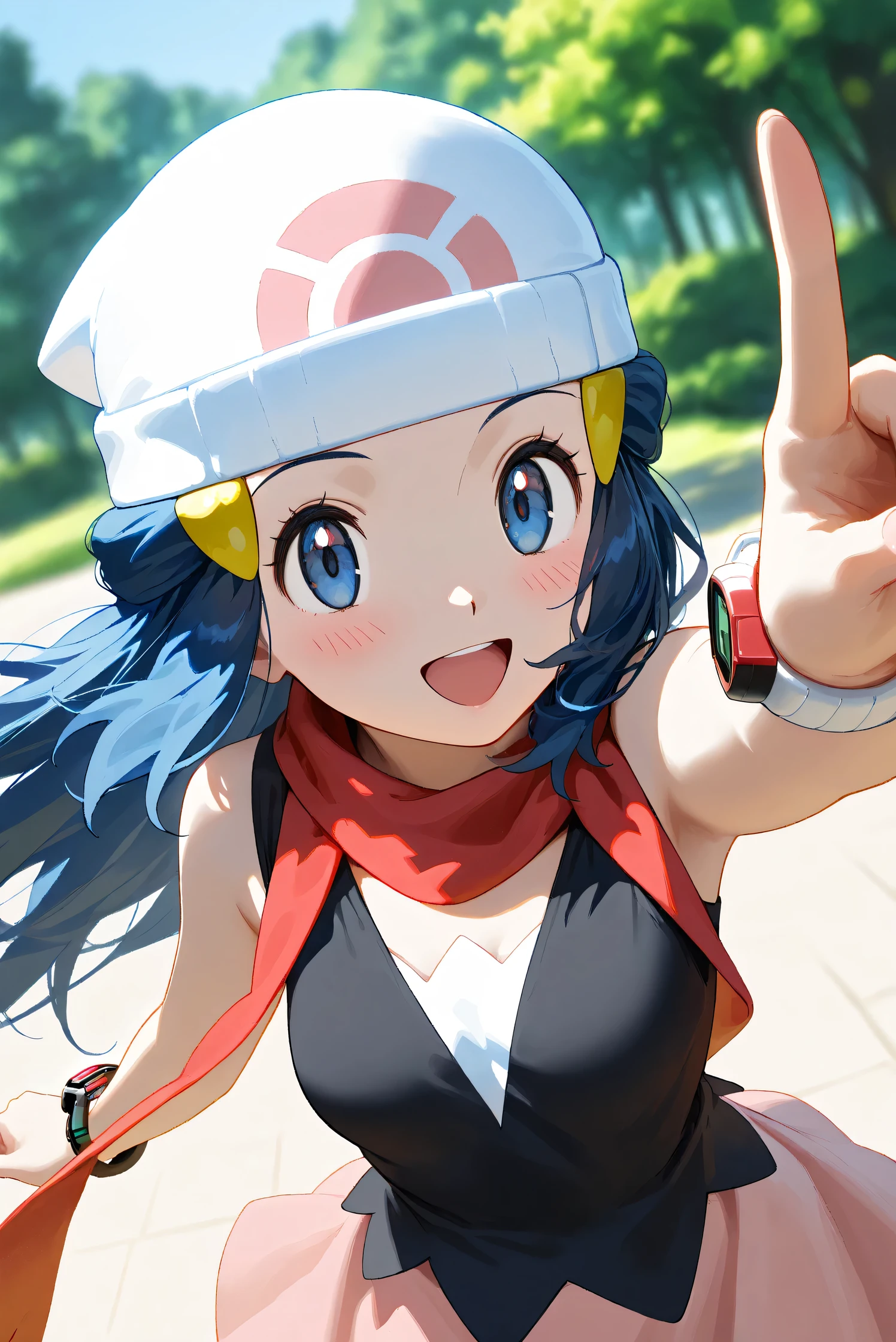 (Masterpiece), (Highest quality), (Very detailed),
(The best shape), (Best Shadow), (Absurd),
(Detailed background), (So beautiful), Shiny ,
Beautiful eyes in every detail, Extraordinary, Countershading, 8k, 32K, High resolution,
Very Detailed CG, UHD,
Score_9, Score_8_up, Score_7_up, Source_anime,
(Pastel painting:1.2), (Watercolor painting:1.2),
(Masterpiece, Detailed:1.2), (Foreshortening:1.2),
Cinematic, Dramatic, (Depth of field:1.4),
(Blurry background:1.4), (Realistic background:1.4),
(Foreshortening:1.3),Dynamic angle, dynamic pose,
1 girl,
Outdoor, Nature, Park, Wind,
Hikari, Pokémon, Anime style,
aadawn, long hair, blue hair, beanie, white headwear, hair ornament, blue eyes, breasts, red scarf, sleeveless shirt, black shirt, wristwatch, bracelet, pink skirt,
Portrait, Focus on face, (Close up shot:1.2),
(Blush:1.3), Smile, Happy, Joyful,
Shiny skin,