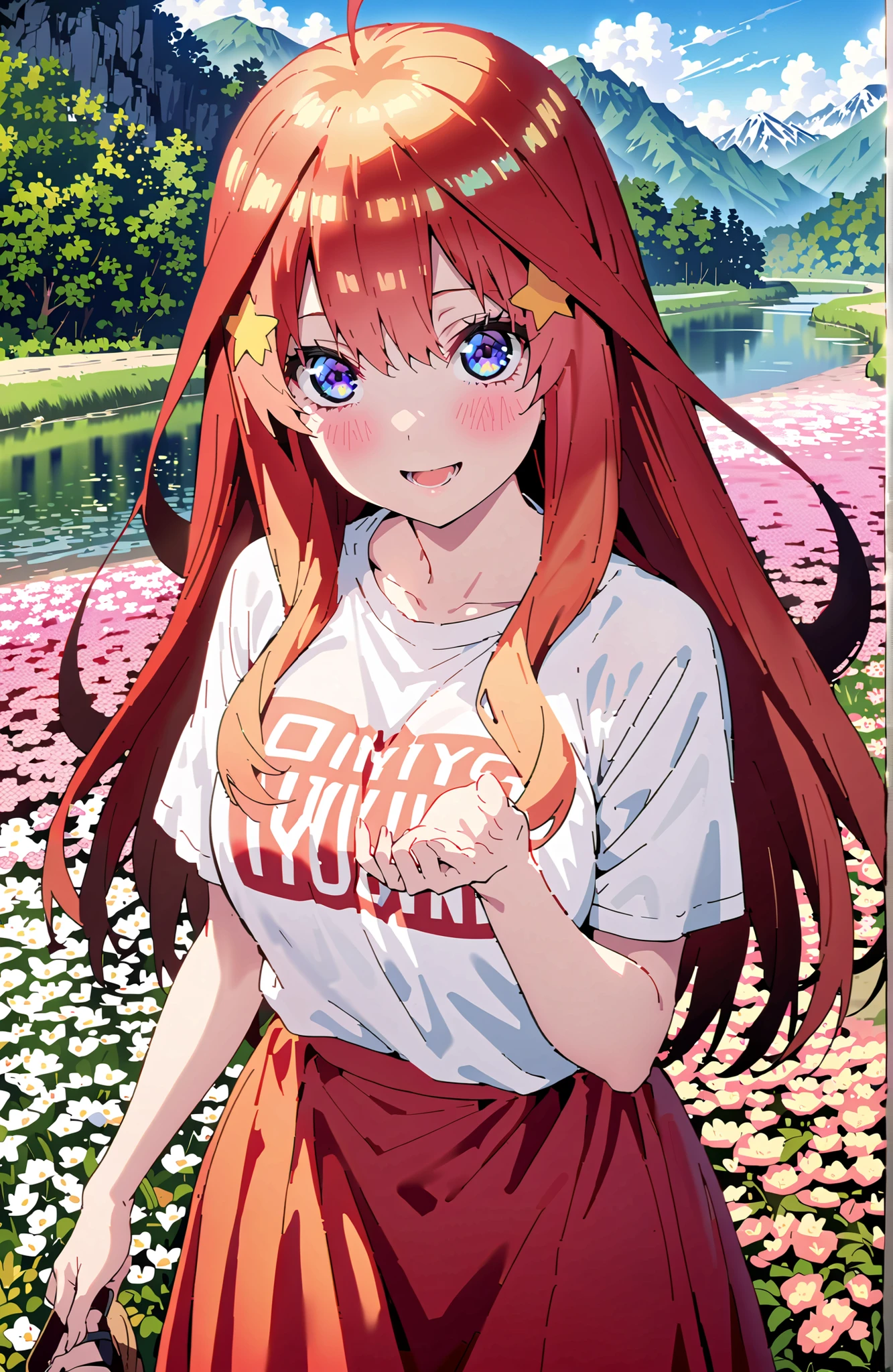 Nakano Mizuki , long hair, blue eyes, Hair Ornament, red hair,star (  symbol ), Half Rim Glasses, star Hair Ornament,Big Breasts,smile,blush,open your mouth,white oversized t-shirt, one shoulder, red long skirt,sandals,is standing,Flower Field,river,Mountain,noon,full bodyがイラストに入るように,break looking at viewer,full body,
break outdoors,nature,
break (masterpiece:1.2), best quality, high resolution, Unity 8Kの壁紙, ( illustration :0.8), (beautiful detailed eyes:1.6), very detailed face, perfect lighting, highly detailed CG, (perfect hand, perfect anatomy),