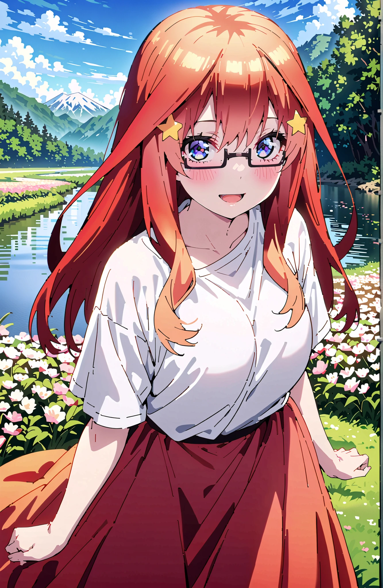 Nakano Mizuki , long hair, blue eyes, Hair Ornament, red hair,star ( symbol ), Half Rim Glasses, star Hair Ornament,Big Breasts,smile,blush,open your mouth,white oversized t-shirt, one shoulder, red long skirt,sandals,is standing,Flower Field,river,Mountain,noon,full bodyがイラストに入るように,break looking at viewer,full body,
break outdoors,nature,
break (masterpiece:1.2), best quality, high resolution, Unity 8Kの壁紙, ( illustration :0.8), (beautiful detailed eyes:1.6), very detailed face, perfect lighting, highly detailed CG, (perfect hand, perfect anatomy),