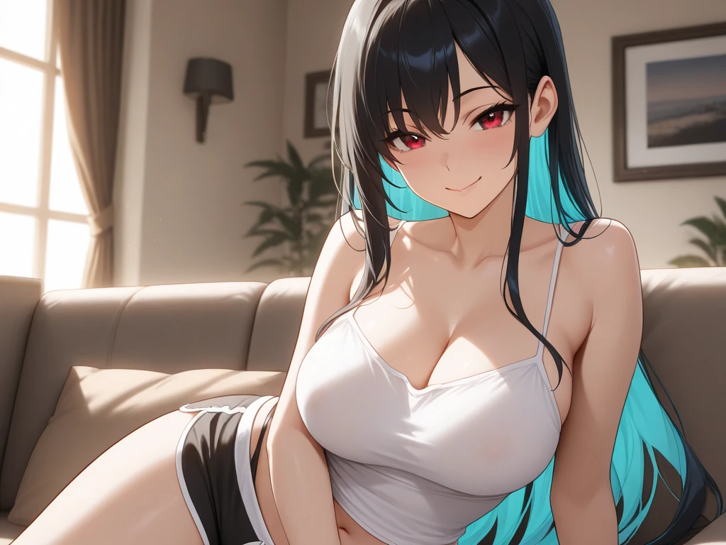 (leaning forward:1.2),(Light blue bikini swimsuit:1.1),NSFW smile, blush, (Sweat, trembling:1.3),(masterpiece, highest quality:1.4),(highest quality:1.4) ,unreal engine,masterpiece,(black hair,Blue Dip Die Hair), (blush smile:1.1),very detailed, intricate details, soft lighting, 1 girl,super resolution,(realistic: 1.3),abs,highest quality, silt,very delicate and beautiful, High resolution,NSFW,black hair, long hair,beautiful detailed red eyes, round chest, big breasts,in the bedroom,blush,clavicle, blush