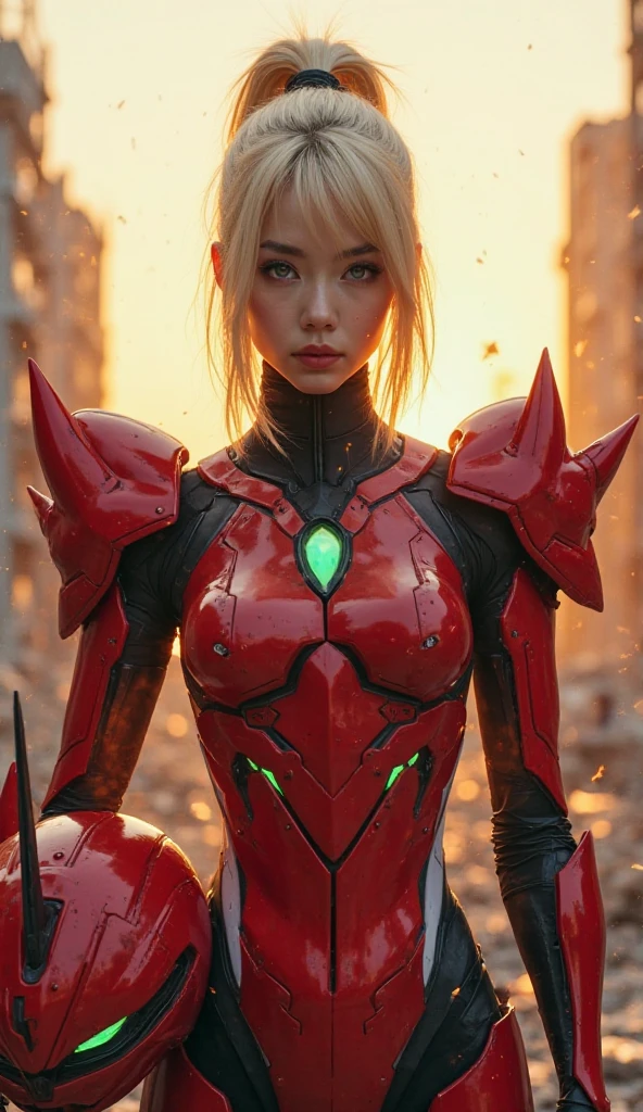 "A young, beautiful Japanese-German woman with striking blonde hair, styled in a sleek high ponytail, wearing a futuristic armor suit inspired by Evangelion Unit-02 from the Neon Genesis Evangelion series. The armor is dominantly crimson red with black and white accents, featuring angular, biomechanical lines and a streamlined design. Her shoulders are broad with reinforced plates, and her chest armor bears a glowing green core reminiscent of Eva 02’s power source. The helmet, held under one arm, has sharp features and a horn-like antenna. Her eyes are fierce and confident, standing in a ruined urban battlefield at sunset, with sparks and embers floating around her.