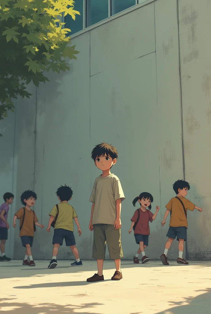 A boy looks sadly from behind a fence as other children play in a school yard