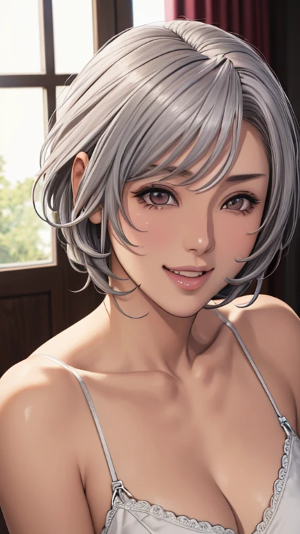 Highest quality、Realistic、、Japanese、zoom、Mature Woman、60s、cute、Wrinkled face、Flabby body、Bedroom、Grey Eyes、White Hair、short hair、Pink Bra、Bink's Panties、Face close-up、thin、Small breasts、Pouting、
