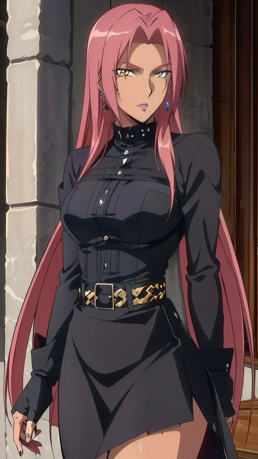 (Top quality, masterpiece, 8k:1.2), (anime coloring:1.5), (pixel-perfect, detail-perfect), very detailed, perfect hair style, beautiful eyes, perfect eyes, detailed eyes, perfect eyebrows, perfect face, detailed face, perfect hairstyle, ultra-detailed, detailed eyes, symmetrical eyes, sharp detailed, Ingrid, one girl, 20 years, adult woman, (long hair:1.3), (mature face:1.3), (yellow eyes), slim, slim body, (large breast:0.8), nffsw, (street rock fashion, (black clothes:1.3), ripped skirt, fingerless gloves, belt, natural lips, earrings, heavy makeup, street corner), looking at the viewer, in the center of the image, (beautiful_chest:1.1), (beautiful_face:1.2), (beautiful_waist:1.2), (cowboy shot), dutch angle,