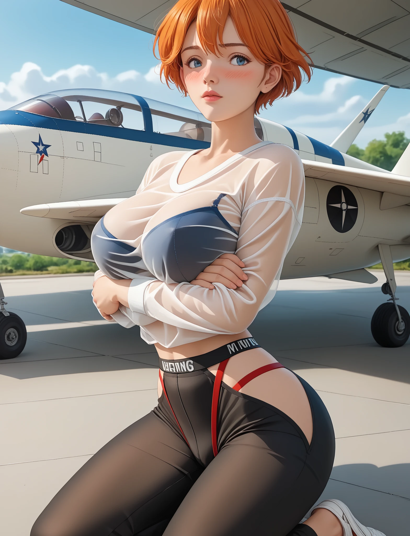 Girl jumping off a cliff、NATO Army,red blush,Shortwave hair,Strong sunshine,,Military Personnel,Delicate hair,realistic skin textures、{top-quality}, {{masterpiece}}, {extremely delicate and beautiful}