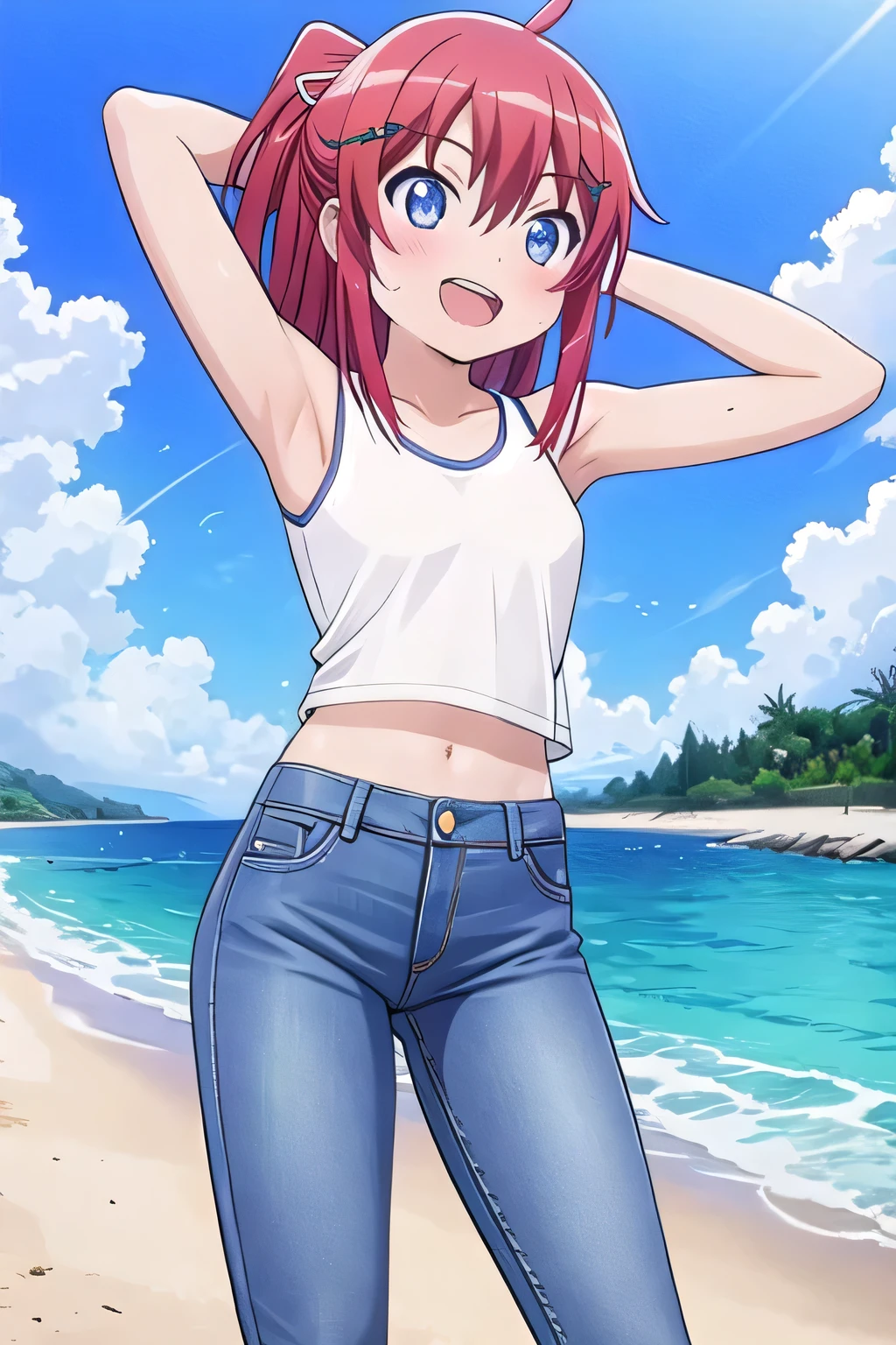 masterpiece, best quality, ultra detail, ((Perfect Face, perfect eyes, perfect hair, perfect arm)), 1girl, o, petite, ((round face, ecstasy, orgasm face, drooping eyes, shame smiling, blush)), dropping eyes, sleepy, Open mouth, ((White teeth)), background((under the beach, (day:1.2), ocean, bright sky)), koshigaya_natsumi_nonnonbiyori, (blue eyes:1.2), (red hair:1.2), ahoge, crossed bangs, hair between eyes, hair ornament, x hair ornament, (medium hair:1.9), (straight hair:1.7), ponytail, ribbon, hair_ribbon, ((arms behind head, hands behind head, fingers behind head)), ((contrapposto)), spread armpits, looking at viewer, (white tank top:1.2), (white crop top:1.2), (jeans pants:1.2, flares jeans:1.2, skinny jeans:1.2, blue jeans:1.2), standing, (legs spread:1.4), sex pose, Sweaty crotch, Steam from the crotch, from below, whole body
